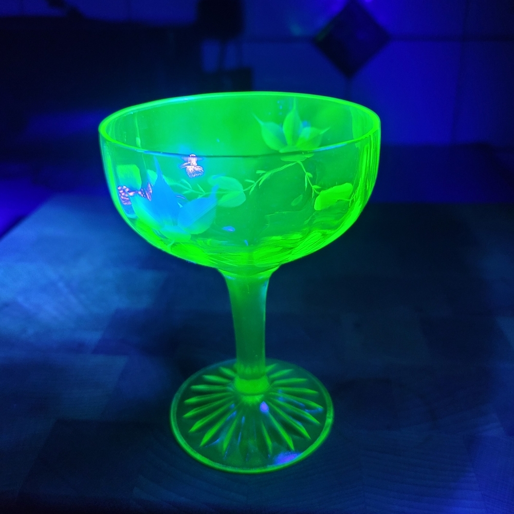 Uranium  Depression Glass Stemware Champagne or Wine Glass Vintage Etched Leaves